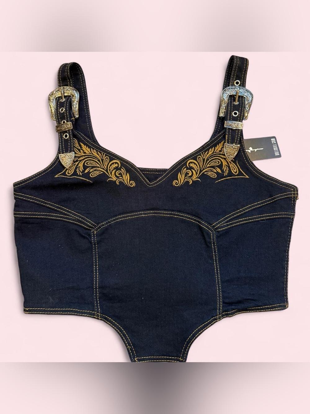 Dolls Kill Black Denim Buckle Bodysuit with Gold Embroidery